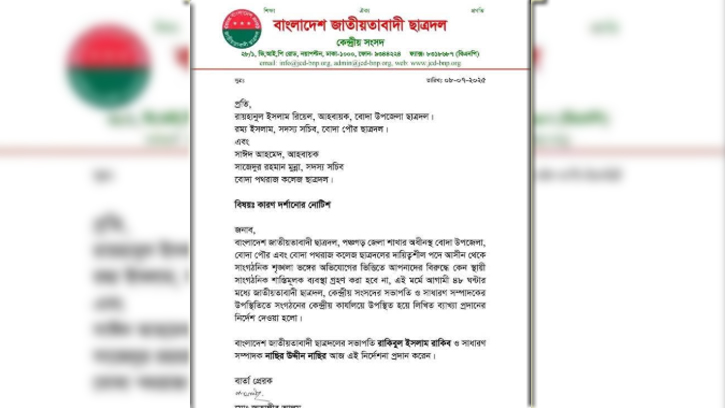পঞ্চগড়ে চার ছাত্রদল নেতাকে বহিস্কারের প্রতিবাদ করায় চার নেতাকে শোকজ